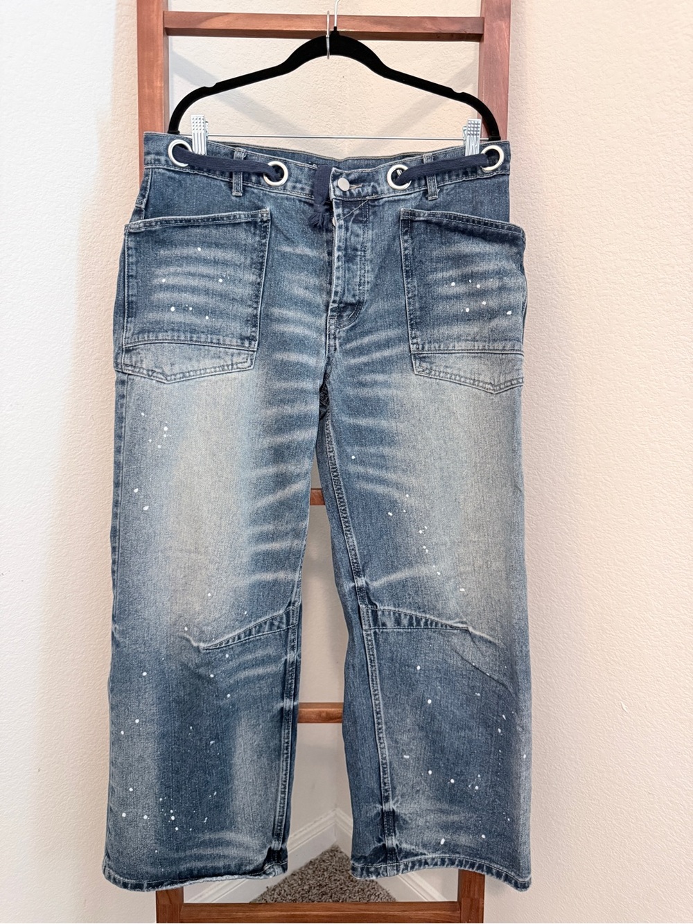 Flamingals Paint Splatter Grommet Wide Leg Cargo Jeans Size XL